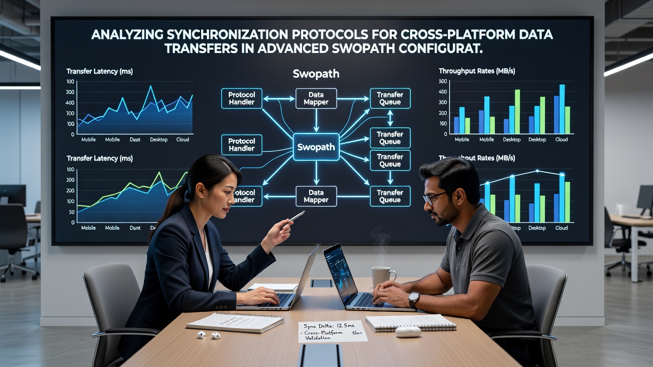 Technical visualization of cross-platform data flow and synchronization checkpoints in Swopath setups