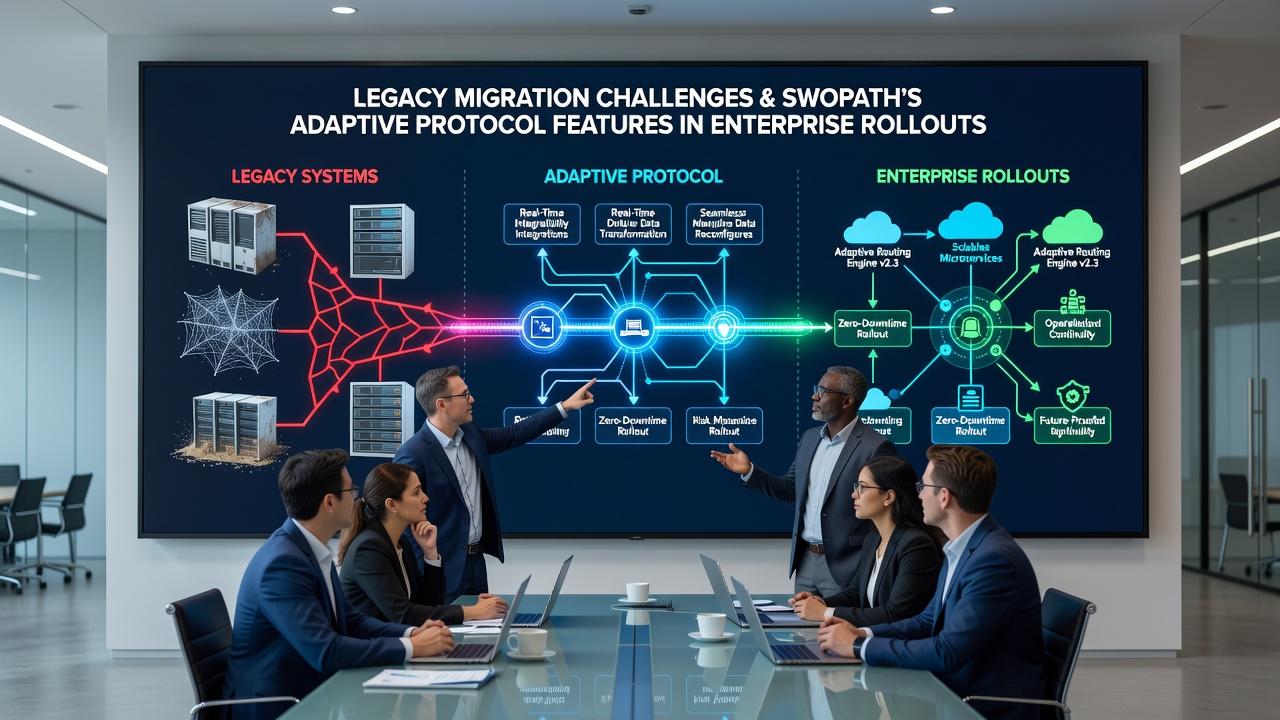 Network performance graphs showing Swopath adaptive adjustments during an enterprise legacy migration